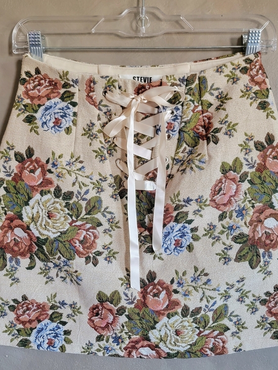 Stevies Dresses & Skirts - Stevie Cream Floral Tapestry Mini Skirt With Lace Up Detail Size Small
